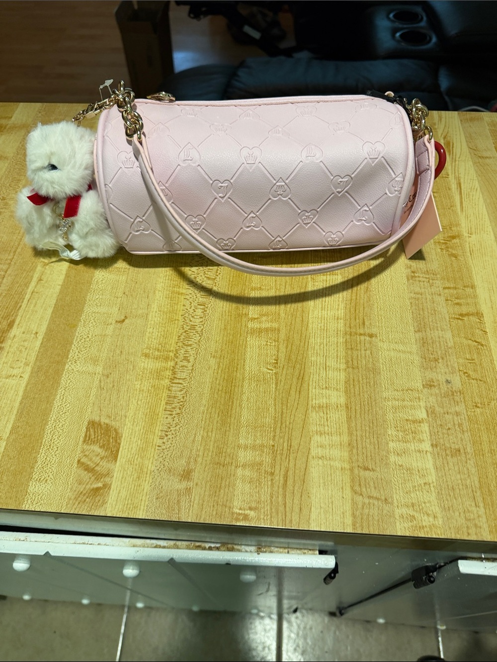 Juicy Couture Pink Heart Embossed Cylinder Barrel Bag with Bear Charm NWT